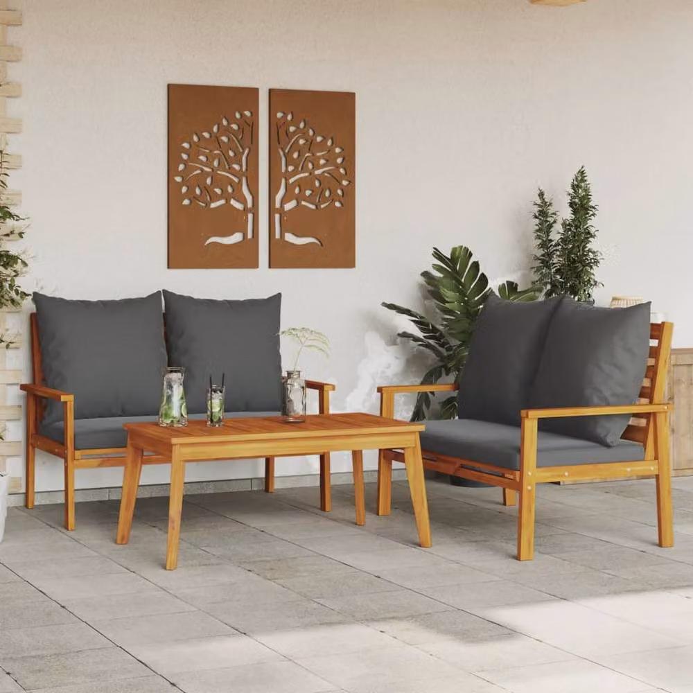 Berkfield Home 3 Piece Garden Lounge Set with Cushions in Brown Solid Acacia Wood – 2