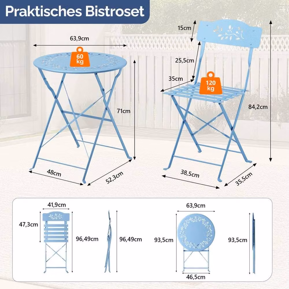 EONLION 3-Piece Folding Bistro Set in Blue with Olive Leaf Floral Pattern, Width: 100 cm – 2