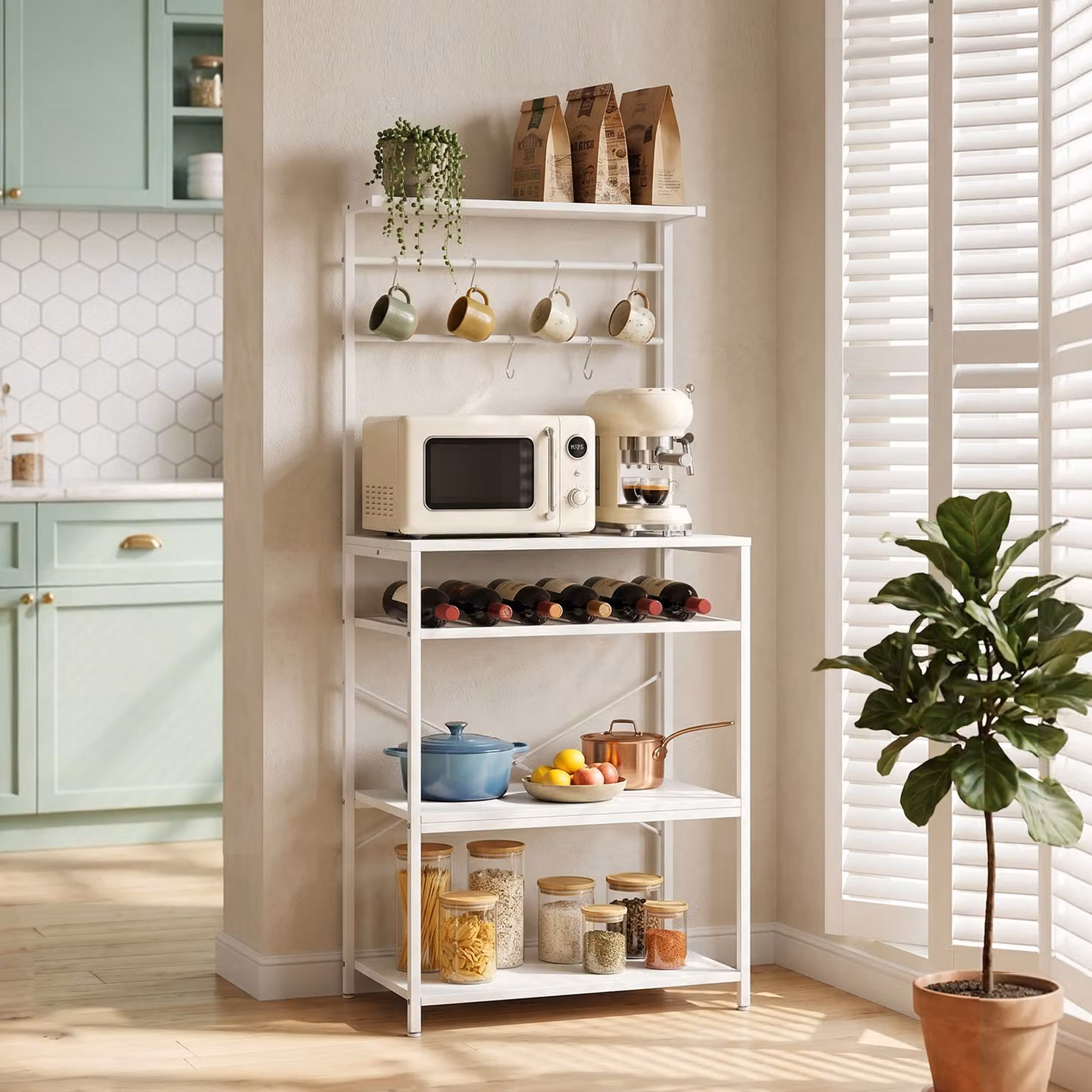 HOMCOM Industrial Freestanding Shelving Unit with Wine Rack and 6 Hooks, White, W: 59.0 cm, D: 40.0 cm, H: 143.5 cm – 2