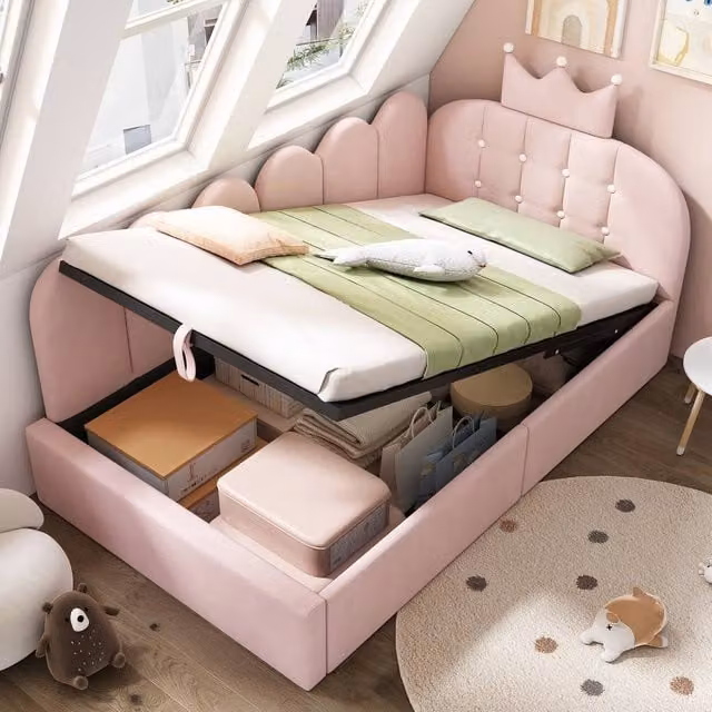 STILVORA Single Daybed with Hydraulic Lift-Up Storage in Pink Velvet, W/D/H: 90 x 190 cm