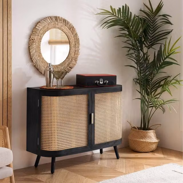 Birlea Sark 2 Door Rattan Sideboard Curved Black Wood Cabinet