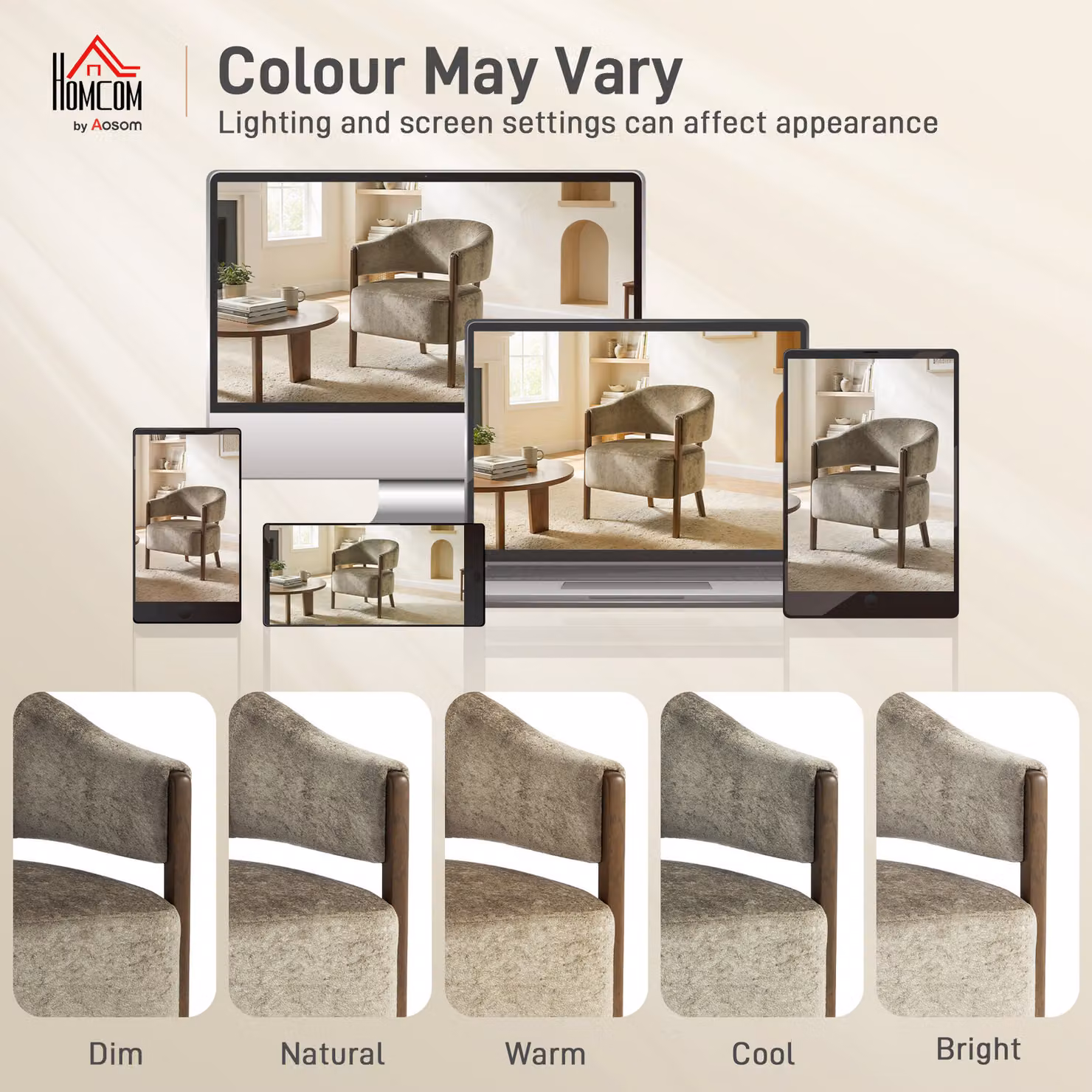 HOMCOM Light Brown Upholstered Tub Accent Chair with Solid Wood Frame and Armrests – 5