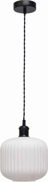 First Choice Lighting Bento Retro Pendant Fitting with White Ribbed Glass and Black Metal Finish
