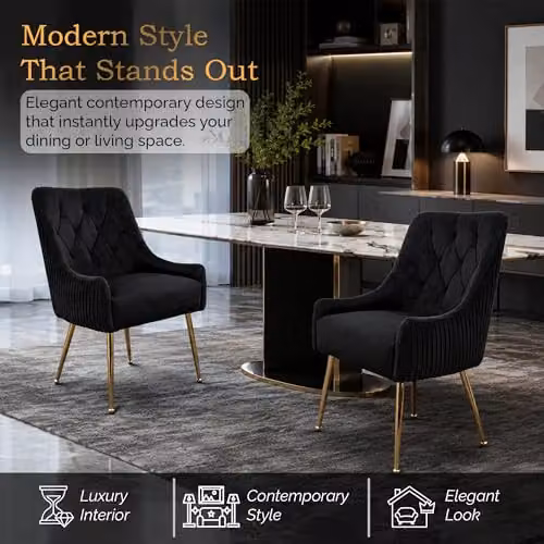 Hygrad Built to Survive Set of 2 Modern Upholstered Velvet Dining Chairs with Gold Metal Legs in Black – 3