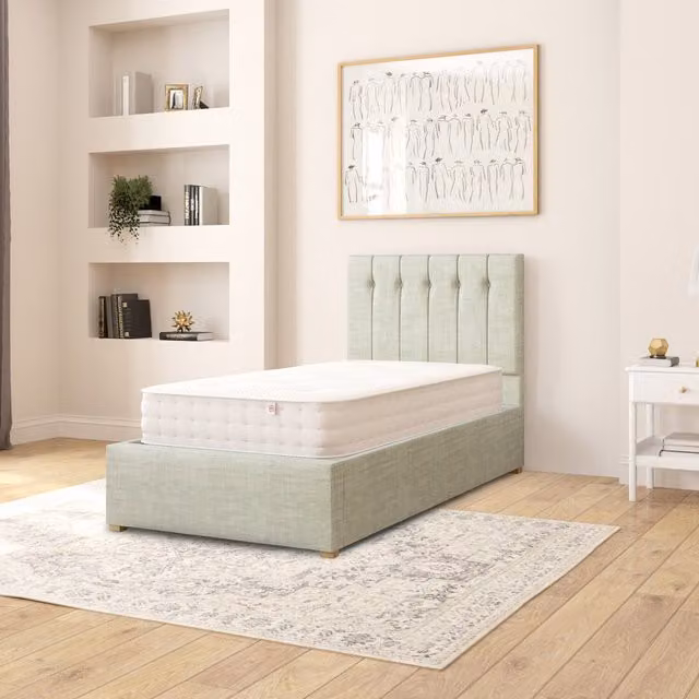 Aspire Hepburn Upholstered Fabric Ottoman Storage Bed in Eau De Nil, Single, W/D/H: 90 x 190 cm