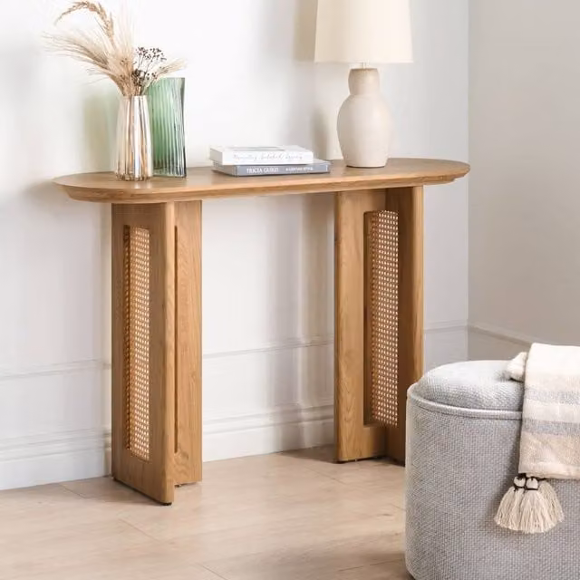 Wyld and Coco Console Table in Brown MDF with Rattan Base, W/D/H: 120 x 3 x 80 cm