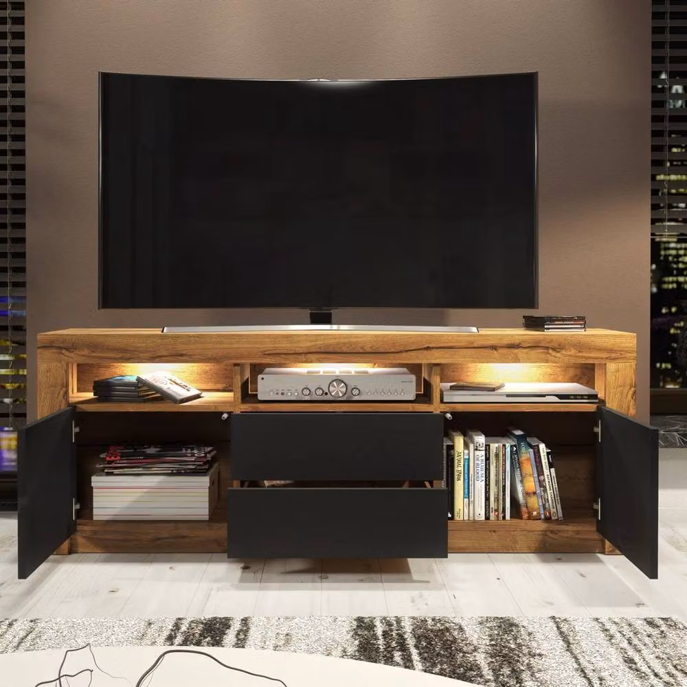 FORGEVIO Modern Oak Wood TV Unit and Sideboard Cabinet in Brown and Black – 6