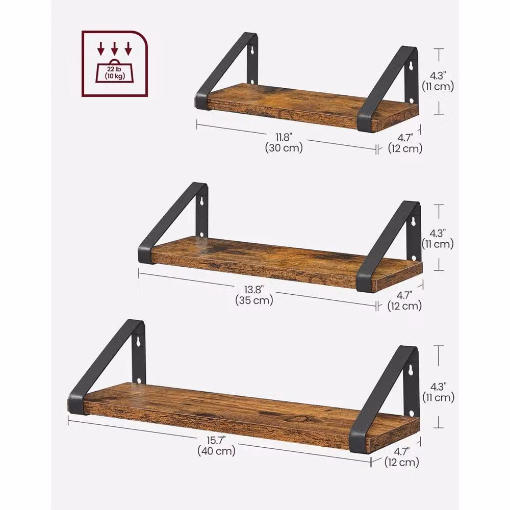 KORVIXA Set of 3 Rustic Brown Floating Wall Shelves, Width: 100 cm – 2