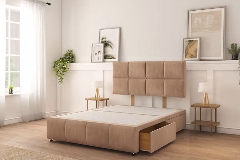 Sloomy Brington Plush Divan Bed Base with 2 Drawers and 26 inch Strutted Headboard, Light Brown, W/D/H: 80 x 190 cm