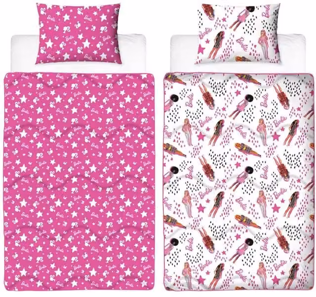 Barbie Stars Reversible Microfibre Duvet Cover and Pillowcase Set, Pink and Multicolour, W: 90 cm, L: 200 cm
