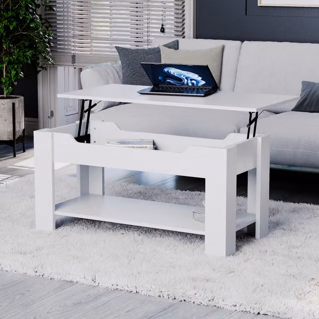 Vida Designs Modern Rectangular Lift-Top Coffee Table in White Matt MDF