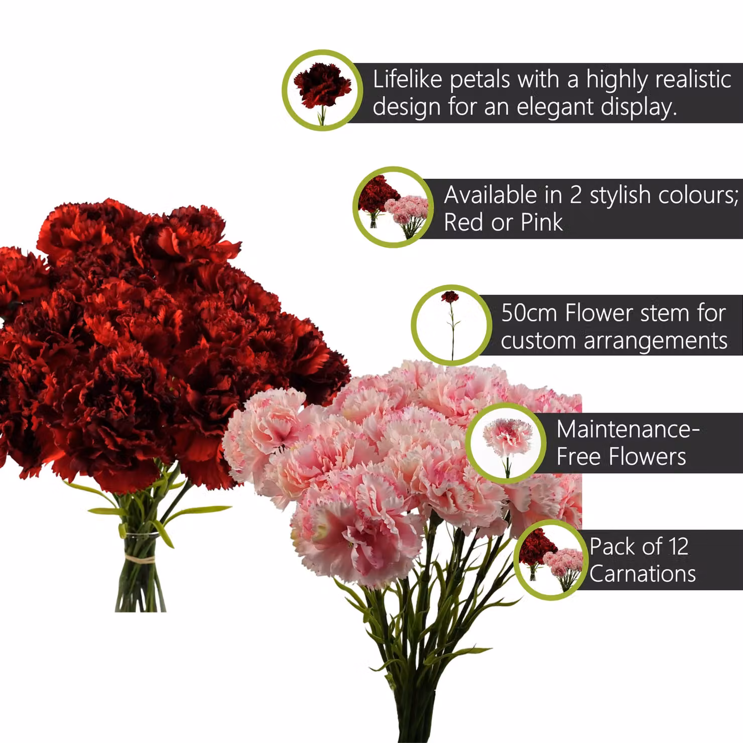 Pegdev Pack of 12 Artificial Pink and Red Carnation Textile Flower Stems for Wedding Decoration – 2