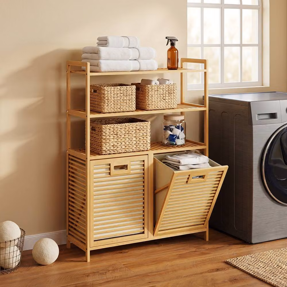 Gymax Bamboo Double Tilt Out Laundry Hamper with 3 Shelves in Beige – 3