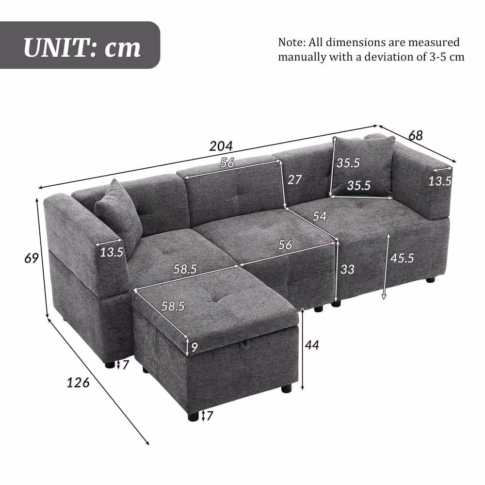 Tokpiedi 3 Seater Reversible L-Shape Corner Sofa with Matching Storage Ottoman in Grey Fabric – 3