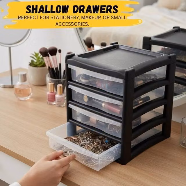 FORGEVIO 4 Tier Shallow Plastic Chest in Black and Transparent, Width: 50 cm – 1