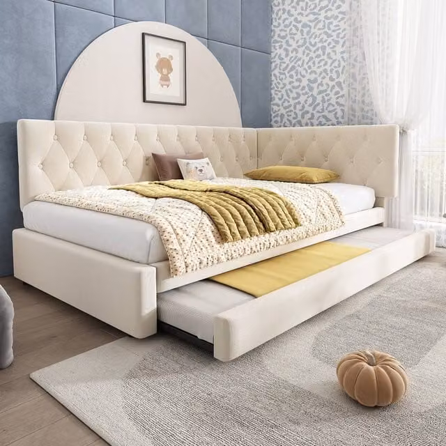 Rolipo Beige Velvet 3FT Single Daybed with Pull Out Trundle Sofa Bed W/D/H: 90 x 190 x 83 cm – 1
