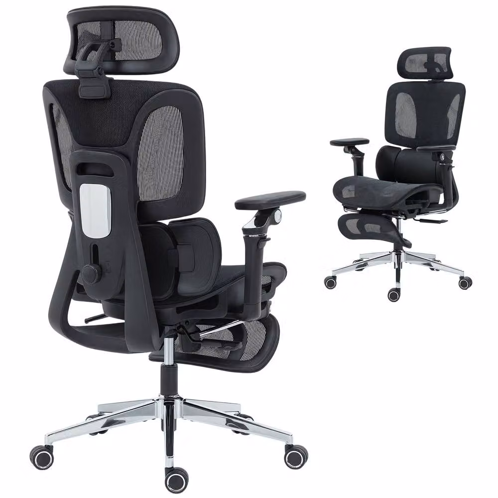 HOMCOM Ergonomic Black Fabric Office Chair with Headrest and Footrest – 2