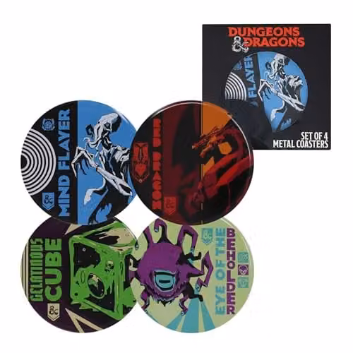 FaNaTtik Dungeons & Dragons Monsters Set of 4 Round Printed Metal and Cork Non-Slip Coasters in Multicolour