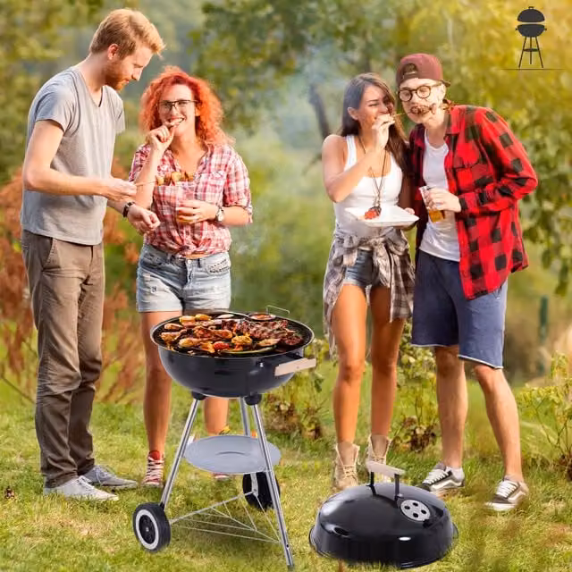 Outsunny Portable Round Kettle Charcoal BBQ Grill in Black and Silver
