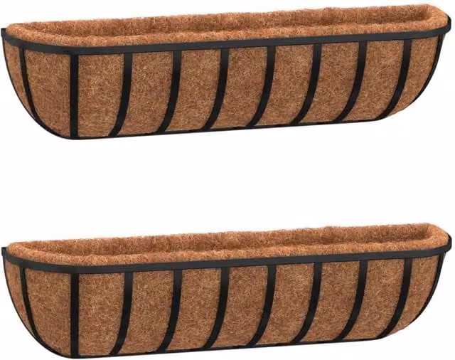 Berkfield Home Steel Wall Trough Planters with Coco Liners, Black, 2 Pack, W/D/H: 91 x 20 x 23 cm