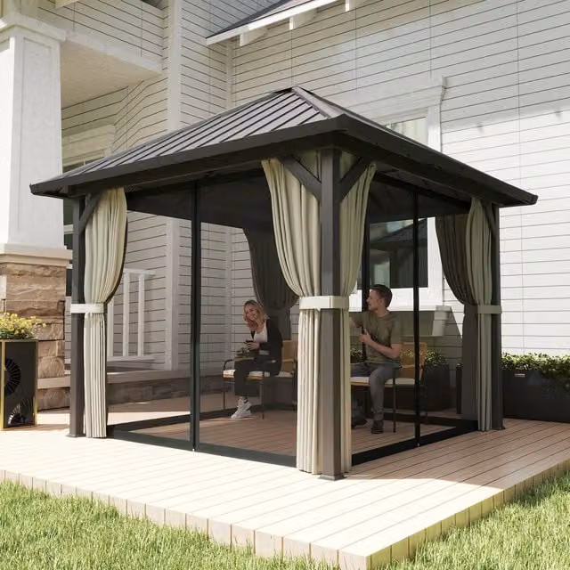 Outsunny Black Hardtop Gazebo with Netting, Curtains and Rain Gutter, W/D: 300 x 300 cm