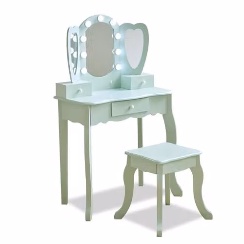 Teamson Kids Heart-Shaped Vanity in Sage Green with LED Lights, Triple Mirror, Stool and Storage Drawers W/D/H: 100.1 x 65.1 x 33.1 cm – 1