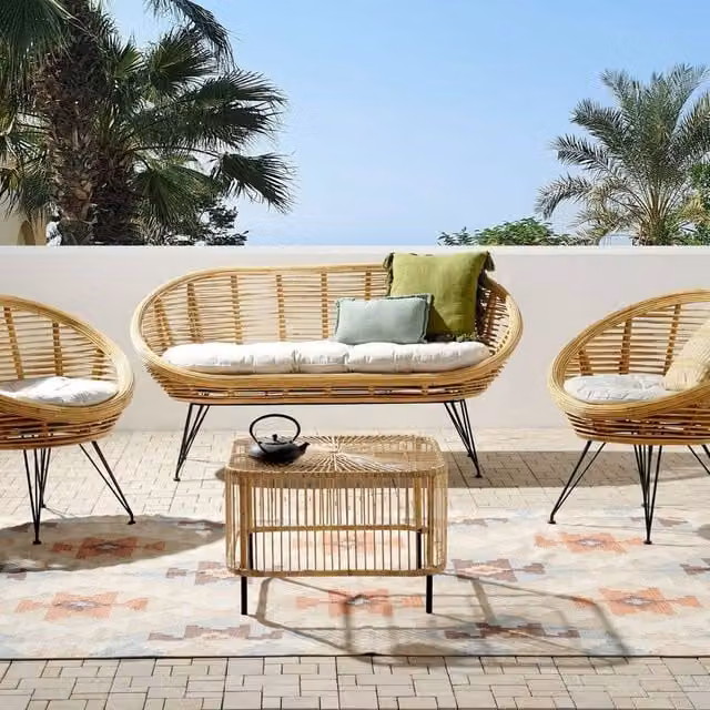 Wyld and Coco 4 Seater Natural Rattan Sofa Set with Coffee Table and Light Beige Cushions