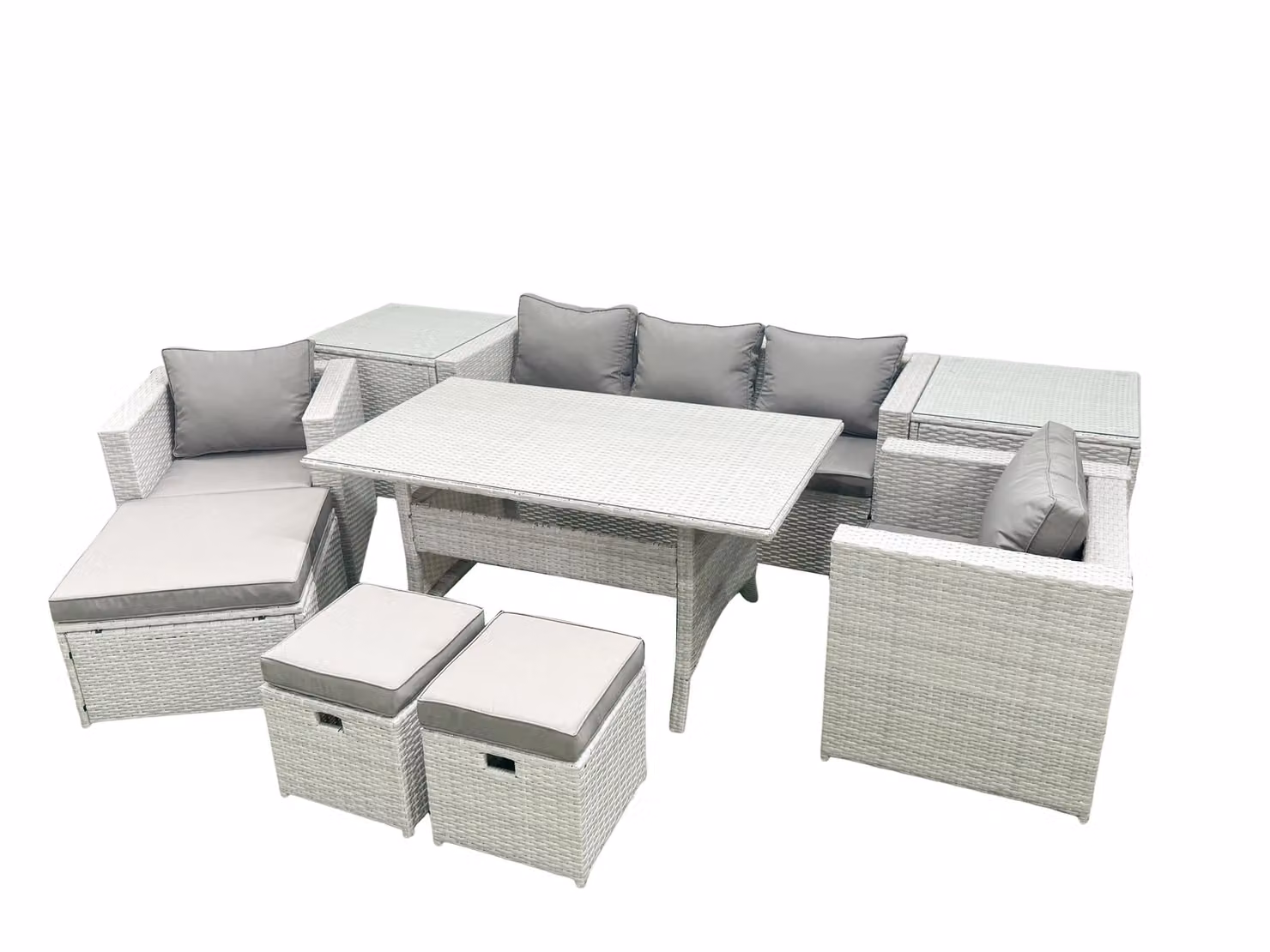 Fimous Garden Dining Set, Light Grey Rattan Outdoor Furniture with Sofa, Dining Table, 2 Chairs, 3 Footstools and 2 Side Tables – 2