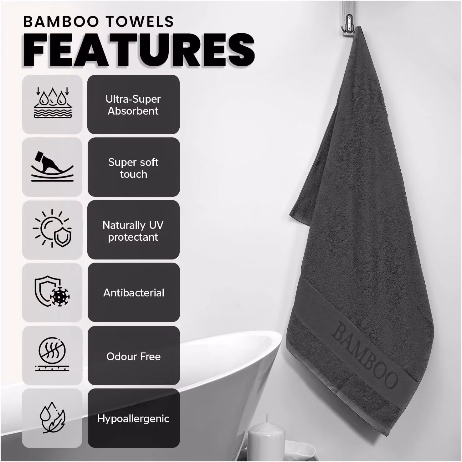 Gaveno Cavailia 2 Pack Large Bamboo and Cotton Bath Towels in Charcoal, W/H: 70 x 120 cm – 3