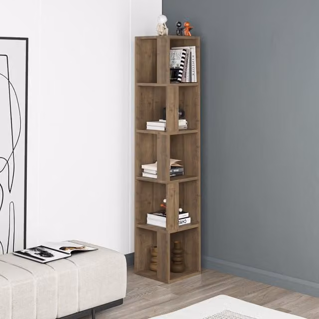 HOCUS PICUS 5-Tier Modern Corner Bookcase in Multicolour and Brown, H 158.9 cm x W 31.4 cm x D 31.4 cm – 1