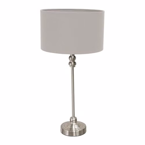 ValueLights Maggie Brushed Chrome Candlestick Slim Table Lamp with Grey Fabric Drum Shade – 1