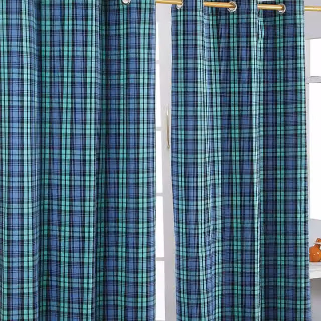 Homescapes Blue Checked Cotton Eyelet Curtain Pair