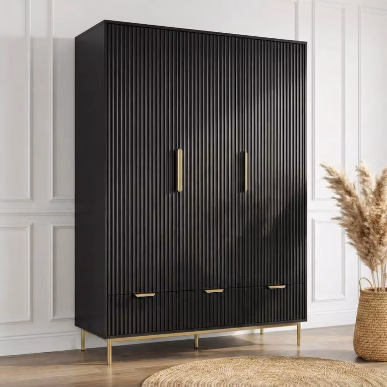 Black Fluted 3 Door Wardrobe with Internal Drawers and Shelves, H 180.3 x W 138.8 x D 55 cm
