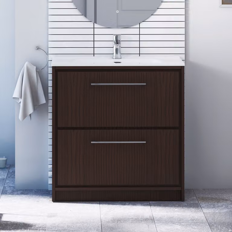 Livora Walnut Woodgrain Floor Standing Bathroom Vanity Unit with 2 Drawers and Ceramic Basin