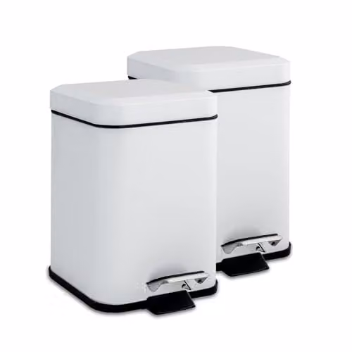 Harbour Housewares Pack of 2 White Stainless Steel Square Pedal Bins with Removable Inner Bucket, 3L – 1