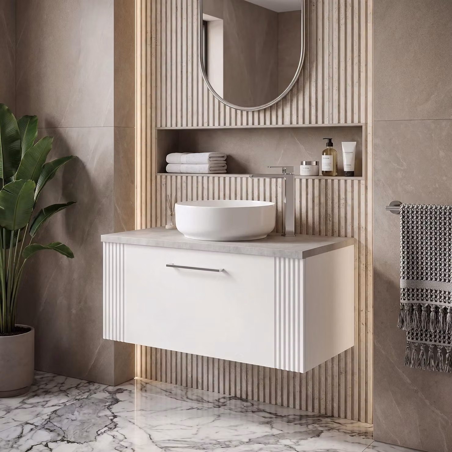 Balterley Modern Wall Mounted Bathroom Vanity Unit with Single Soft Close Drawer and Worktop, White and Grey, W/D/H: 80.0 x 39.0 x 37.7 cm – 2