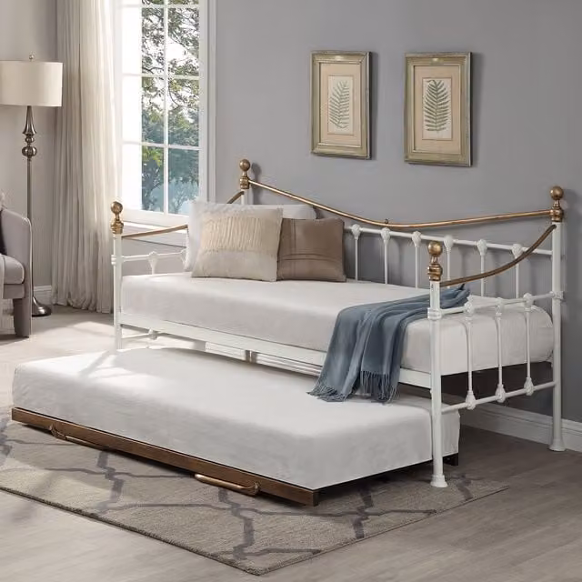 SlumberWorx Newnham Classic Victorian Style Metal Day Bed Frame with Trundle, White, W: 90 cm, L: 190 cm