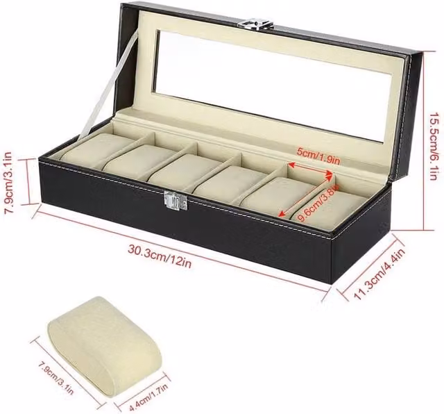 NESTLUNE 6 Grid PU Leather Watch Box Display Case in Black