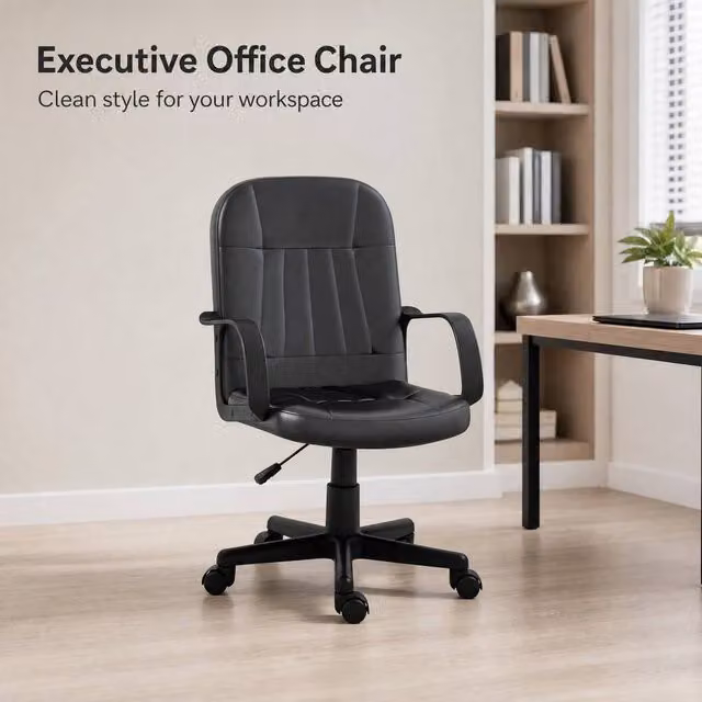 STILVORA Black Synthetic Leather Swivel Executive Office Chair with Armrests and Castors, W/D/H: 59.5 x 60 x 150 cm