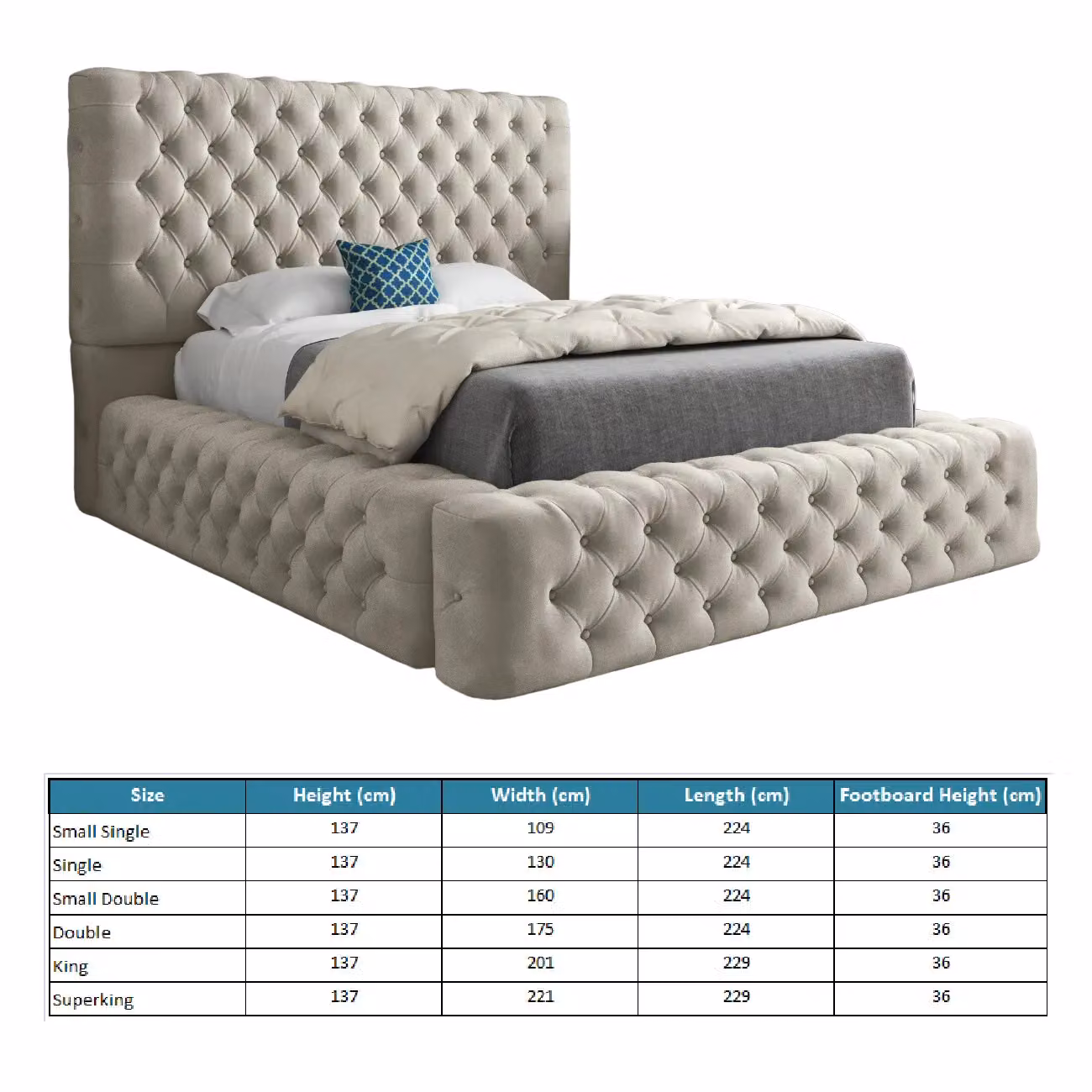 Casani Grand Milan Chesterfield Upholstered Bed Frame in Beige, W/D/H: 160 x 137 x 120 cm – 4