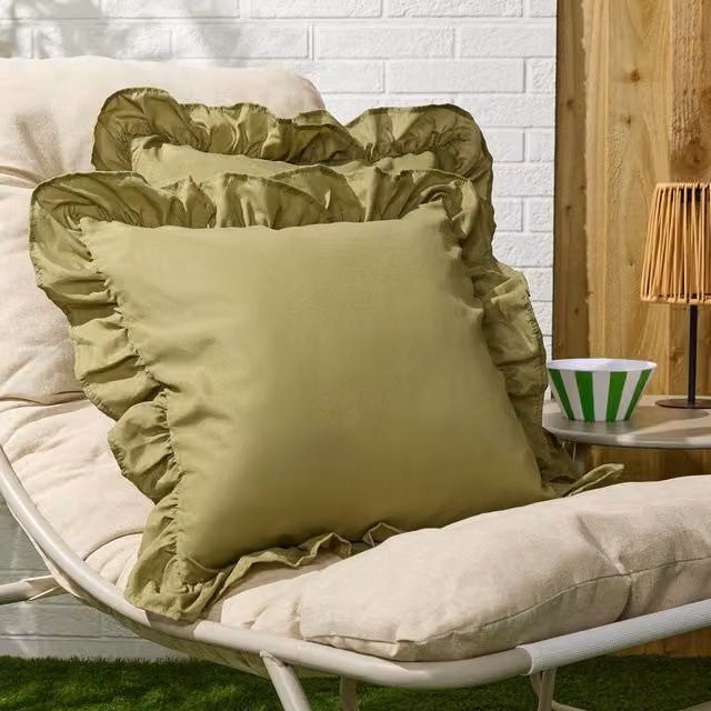 OHS Set of 2 Plain Faux Linen Frill Cushion Covers, Olive Green, W/D/H: 45 x 45 x 45 cm – 5