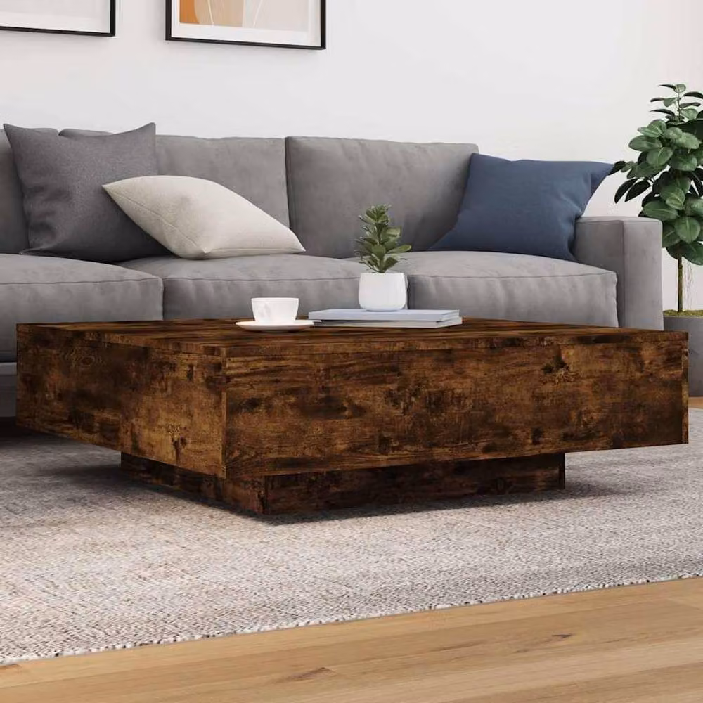 Berkfield Home Modern Square Coffee Table with LED Lights in Smoked Oak Brown, W/D/H: 100 x 100 x 31 cm – 2