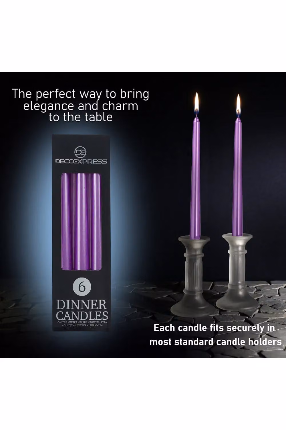 Deco Express Set of 6 Classic Unscented Dripless Tapered Metallic Purple Dinner Candles – 8