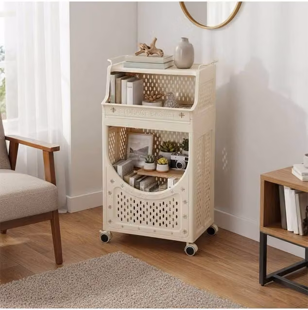 Living and Home 3-Tier Rolling Laundry Sorter Basket with Handles and Castors, Beige
