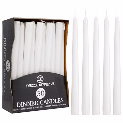 Deco Express Classic Dripless Tapered Metallic Unscented Candles, White, 50 Pack