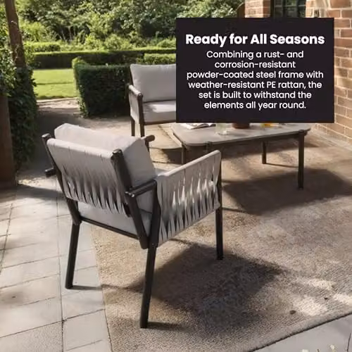Solace+Co Kalina 4 Piece Rattan Garden Furniture Set with 2 Seater Sofa, 2 Armchairs and Coffee Table in Grey and Brown – 2