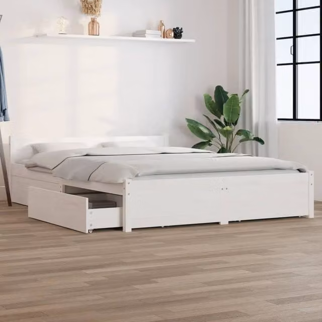 Berkfield Home Modern White Solid Wood Bed Frame with Drawers W/D/H: 140 x 190 cm