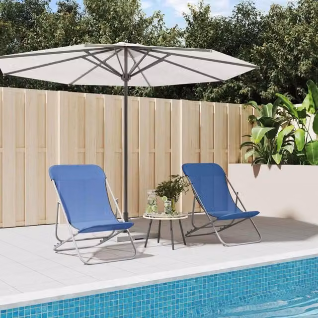 Berkfield Home Set of 2 Blue Folding Beach Chairs with Textilene Fabric and Powder-coated Steel Frame