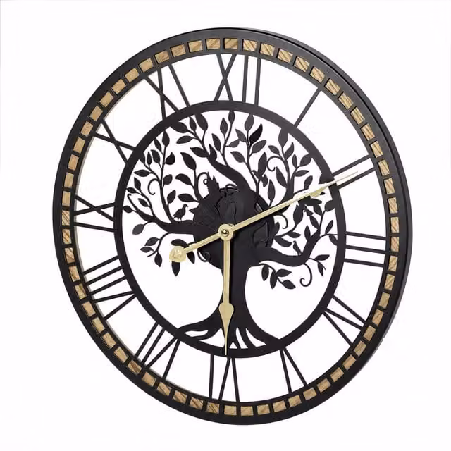 Yezi Modern Silent Quartz Wall Clock with Black and Gold Tree Design, Diameter: 40 cm