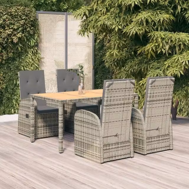 Berkfield Home 5 Piece Grey Poly Rattan and Acacia Wood Garden Dining Set – 1